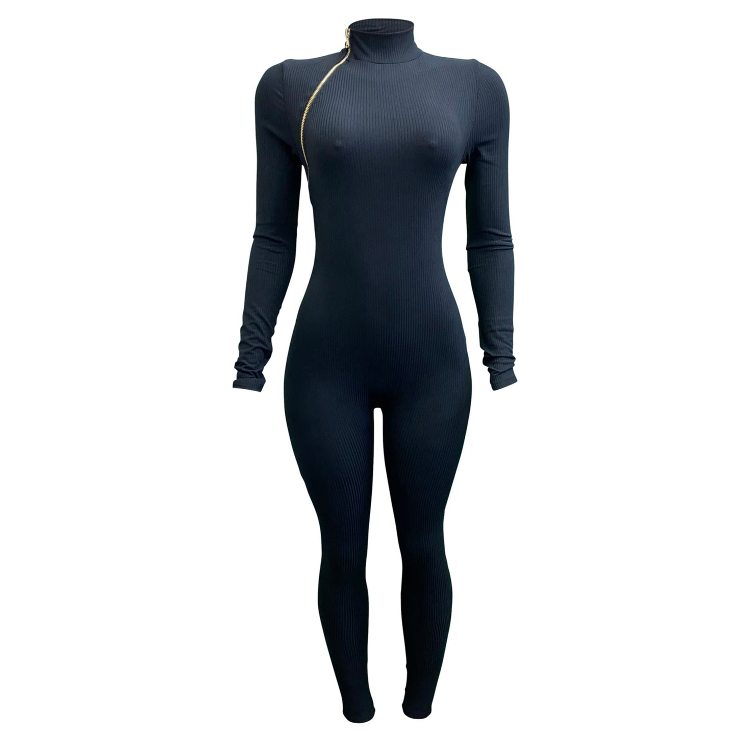 Sexy Ribbed Knit Jump W/ Front Neck Zipper